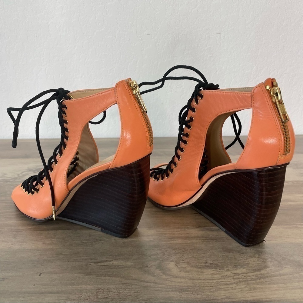 Rebecca Minkoff Peach Leather Cutout Lace Up Wedge Heels - Picture 10 of 12